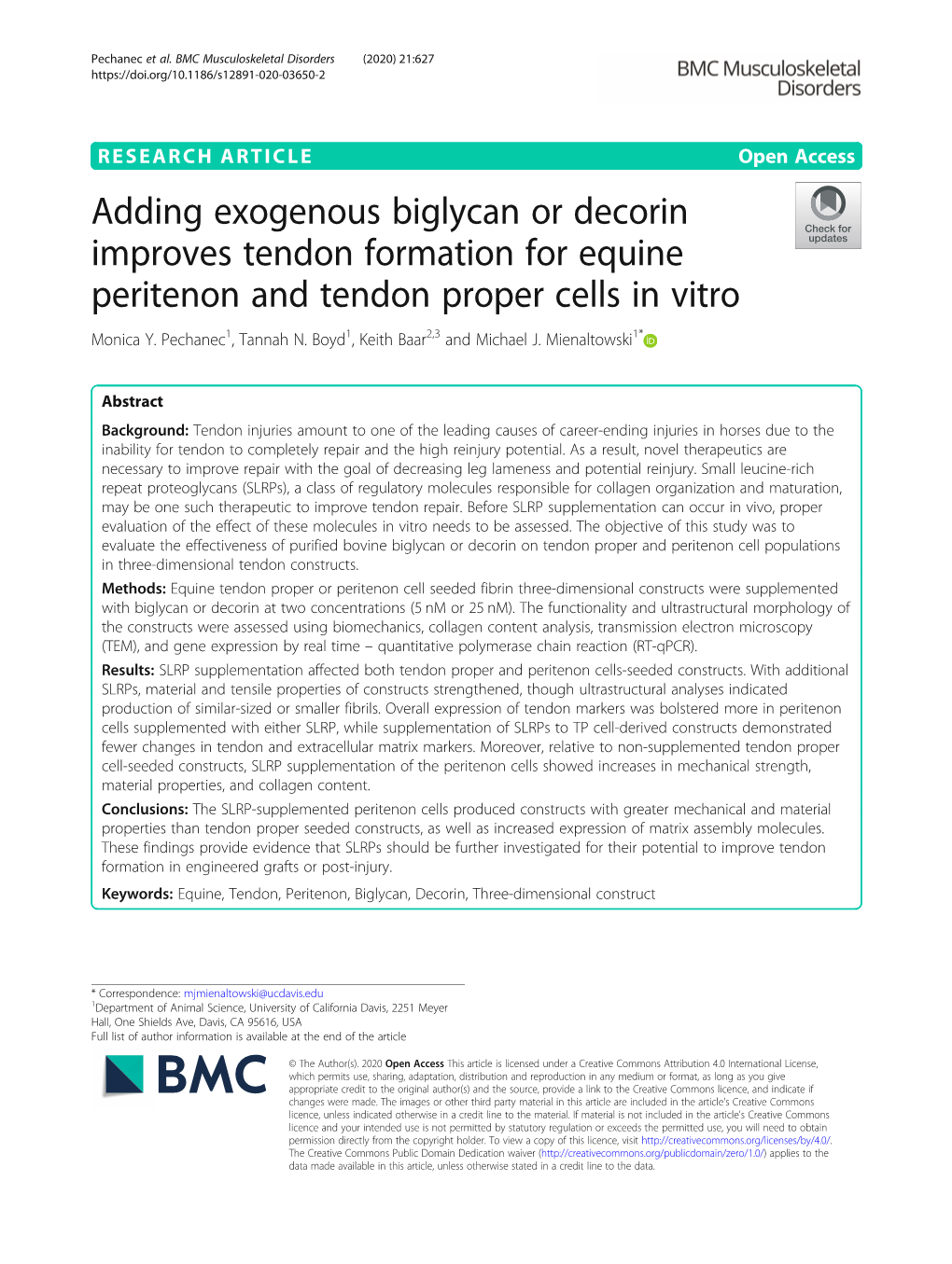 Adding Exogenous Biglycan Or Decorin Improves Tendon Formation for Equine Peritenon and Tendon Proper Cells in Vitro Monica Y