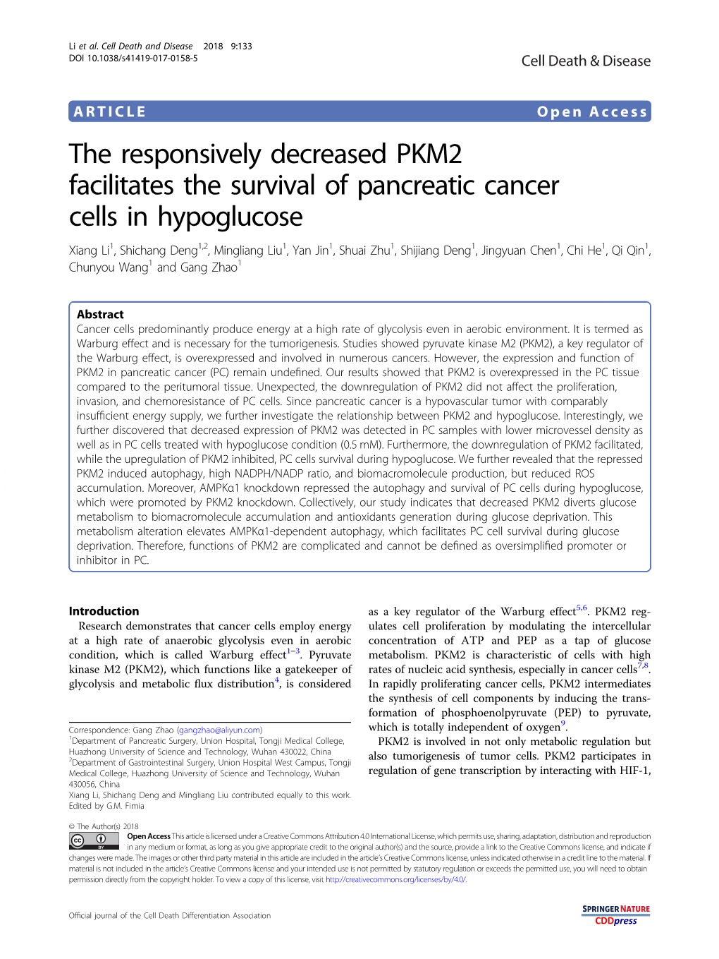The Responsively Decreased PKM2 Facilitates the Survival of Pancreatic
