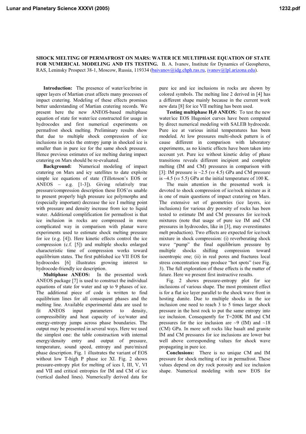 SHOCK MELTING of PERMAFROST on MARS: WATER ICE MULTIPHASE EQUATION of STATE for NUMERICAL MODELING and ITS TESTING. B. A. Ivanov