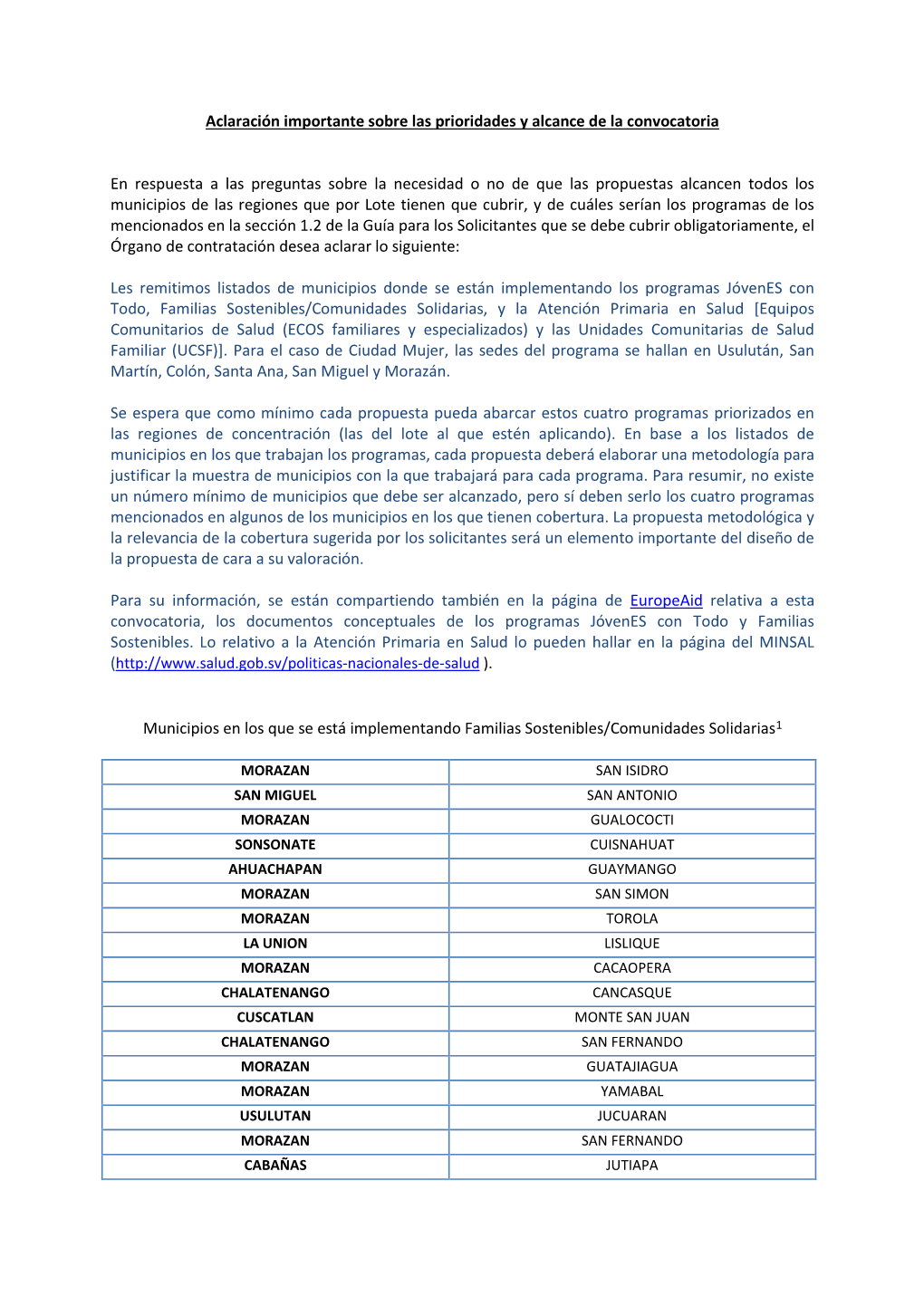 Aclaración Sobre Prioridades Y Alcances De La Convocatoria