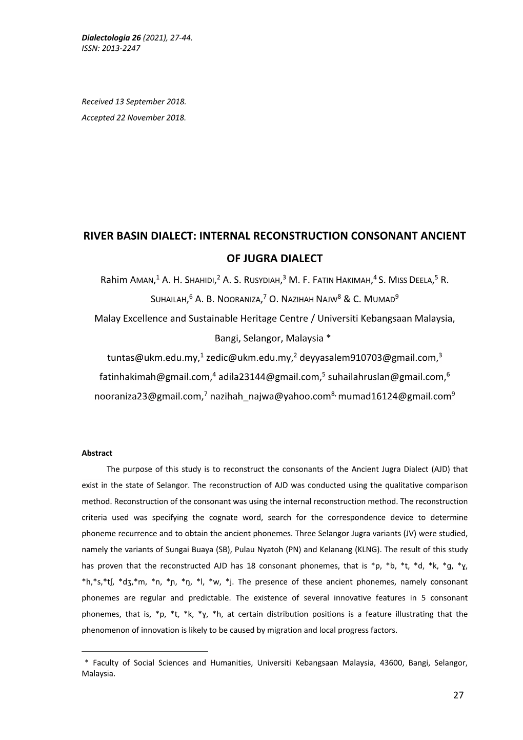 Internal Reconstruction Consonant Ancient of Jugra Dialect