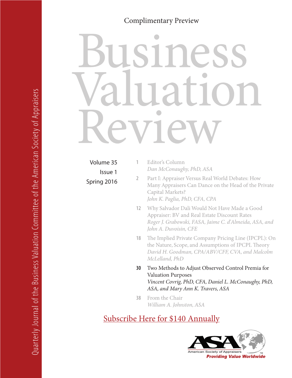 Quarterly Journal of the Business Valuation Committee of The