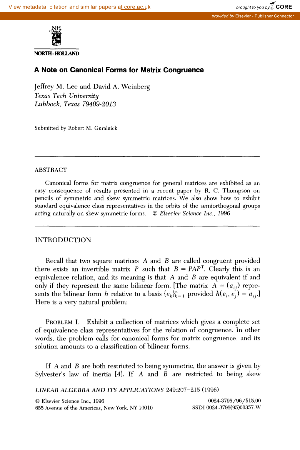 A Note on Canonical Forms for Matrix Congruence