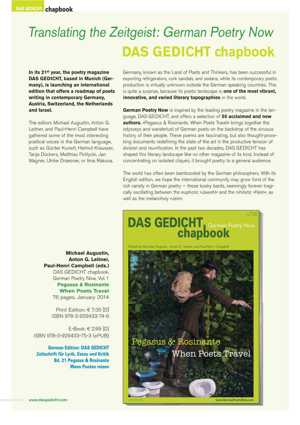 Translating the Zeitgeist: German Poetry Now DAS GEDICHT Chapbook