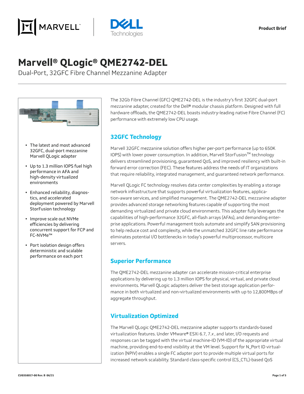 Product Brief: Marvell Qlogic QME2742-DEL (Dell) Adapter