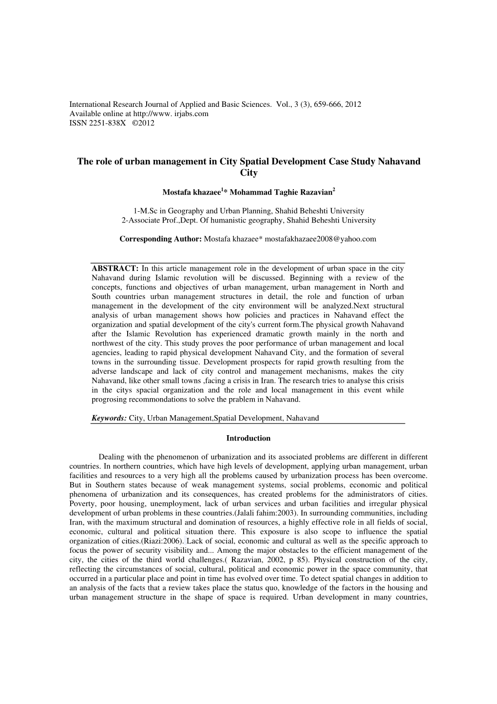 The Role of Urban Management in City Spatial Development Case Study Nahavand City