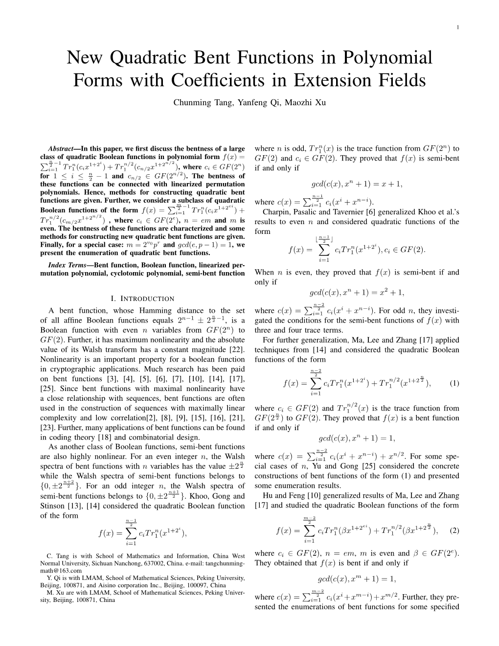 New Quadratic Bent Functions in Polynomial Forms with Coefficients