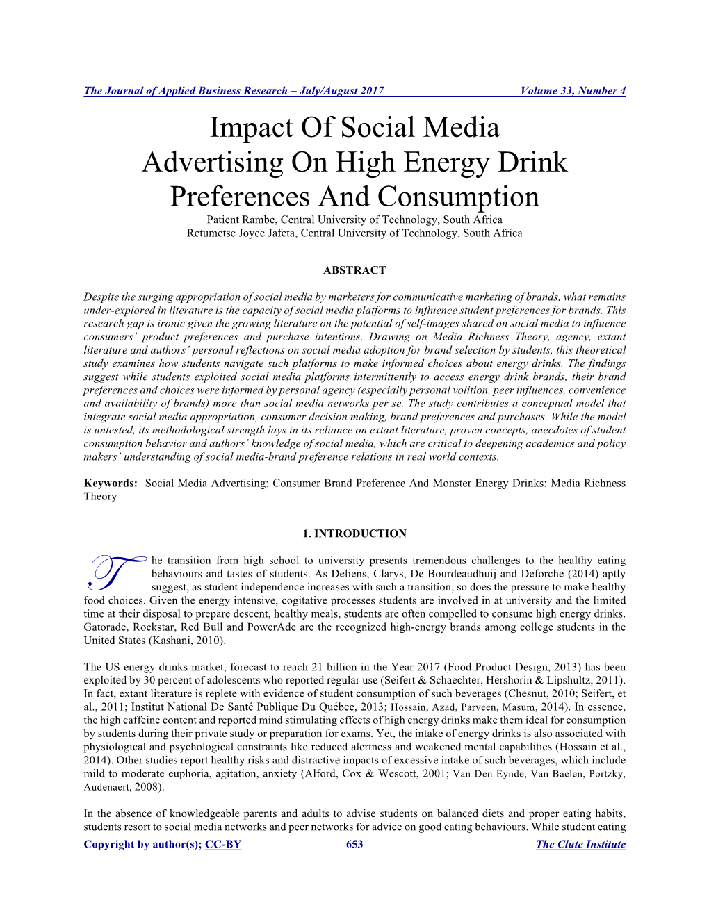 Impact of Social Media Advertising on High Energy Drink Preferences