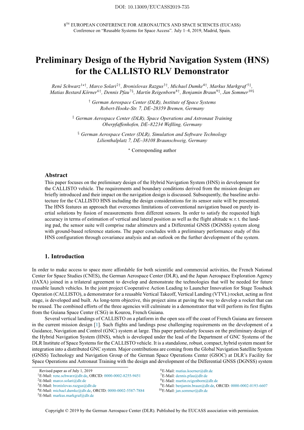 Preliminary Design of the Hybrid Navigation System (HNS) for the CALLISTO RLV Demonstrator