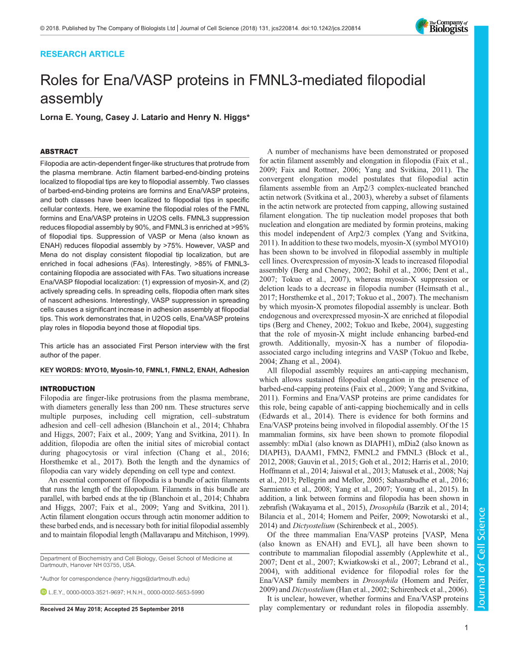 Roles for Ena/VASP Proteins in FMNL3-Mediated Filopodial Assembly Lorna E