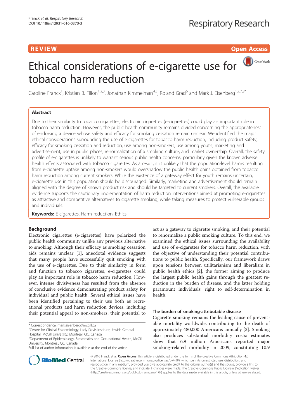 Ethical Considerations of E-Cigarette Use for Tobacco Harm Reduction Caroline Franck1, Kristian B