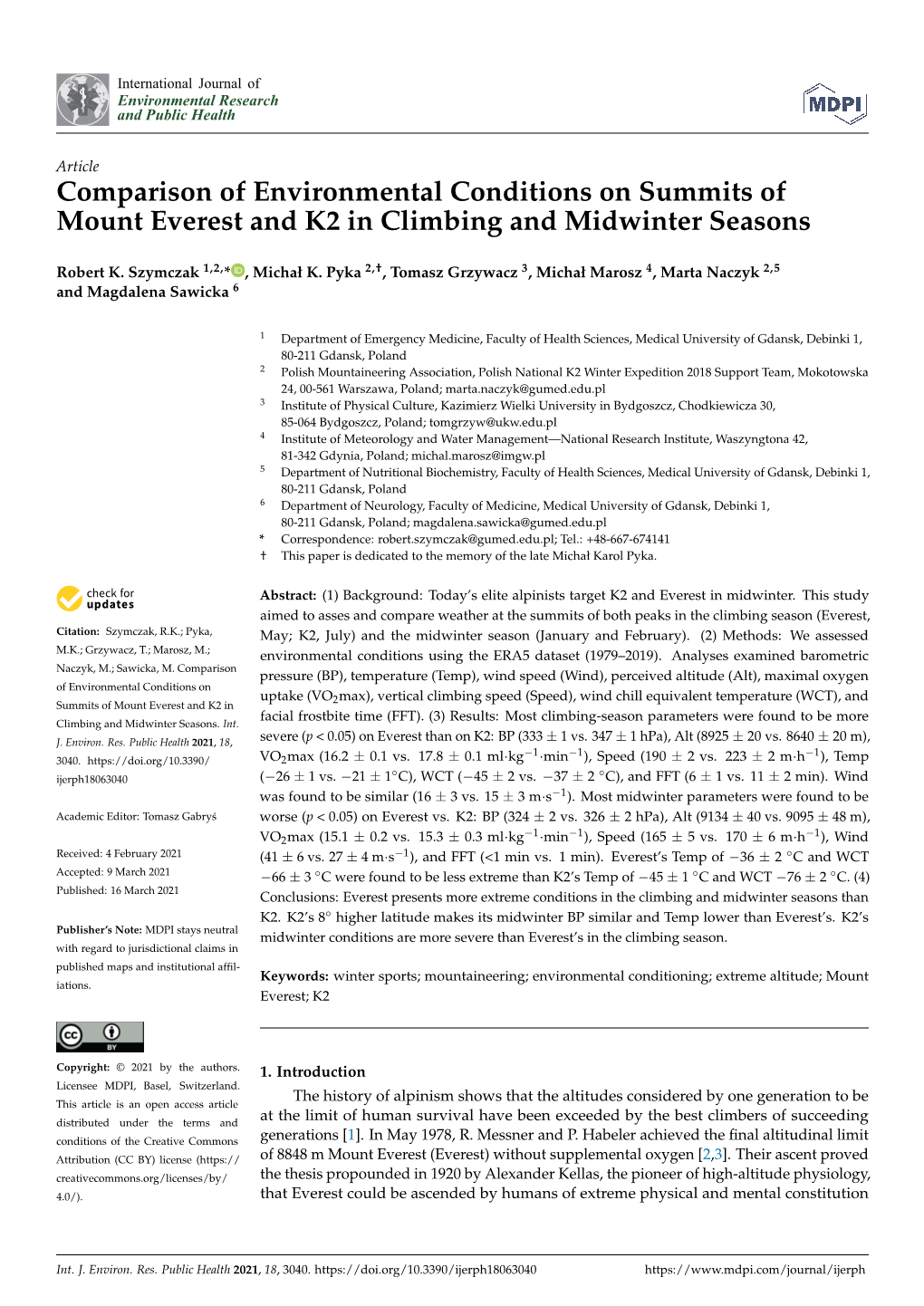 Comparison of Environmental Conditions on Summits of Mount Everest and K2 in Climbing and Midwinter Seasons