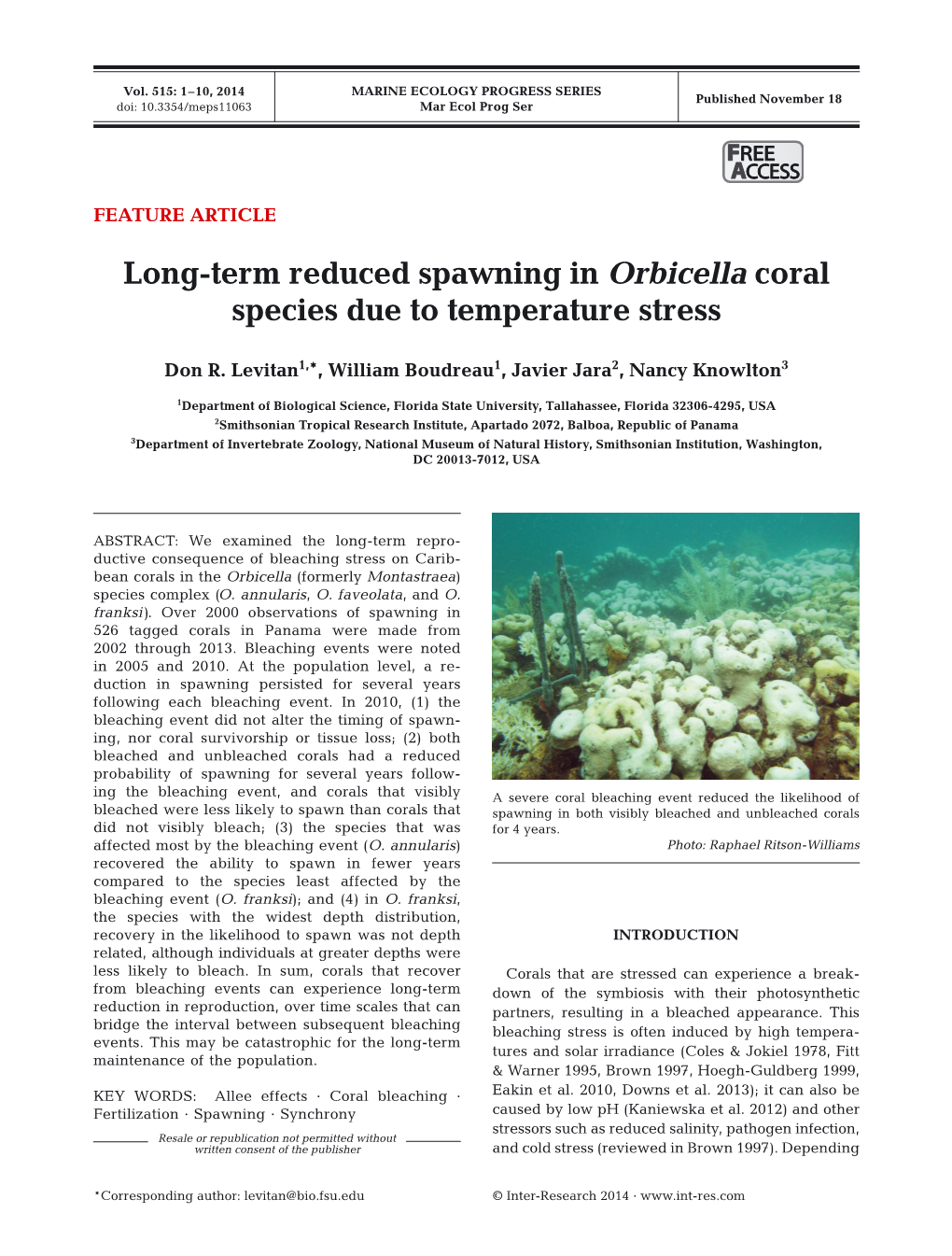 Long-Term Reduced Spawning in Orbicella Coral Species Due to Temperature Stress