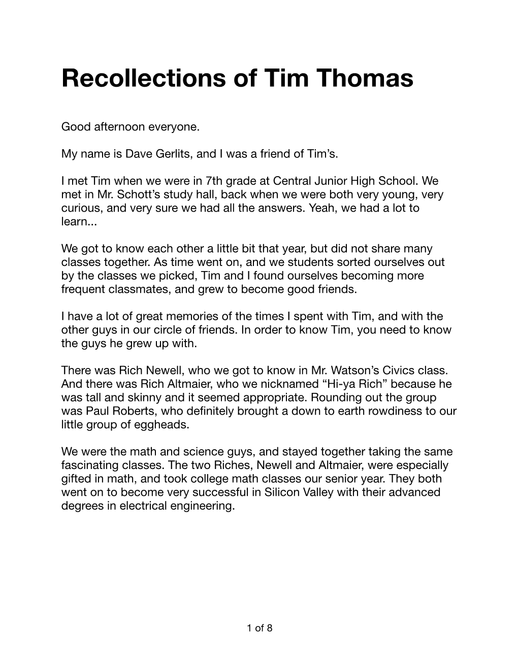 Recollections of Tim Thomas.Pages