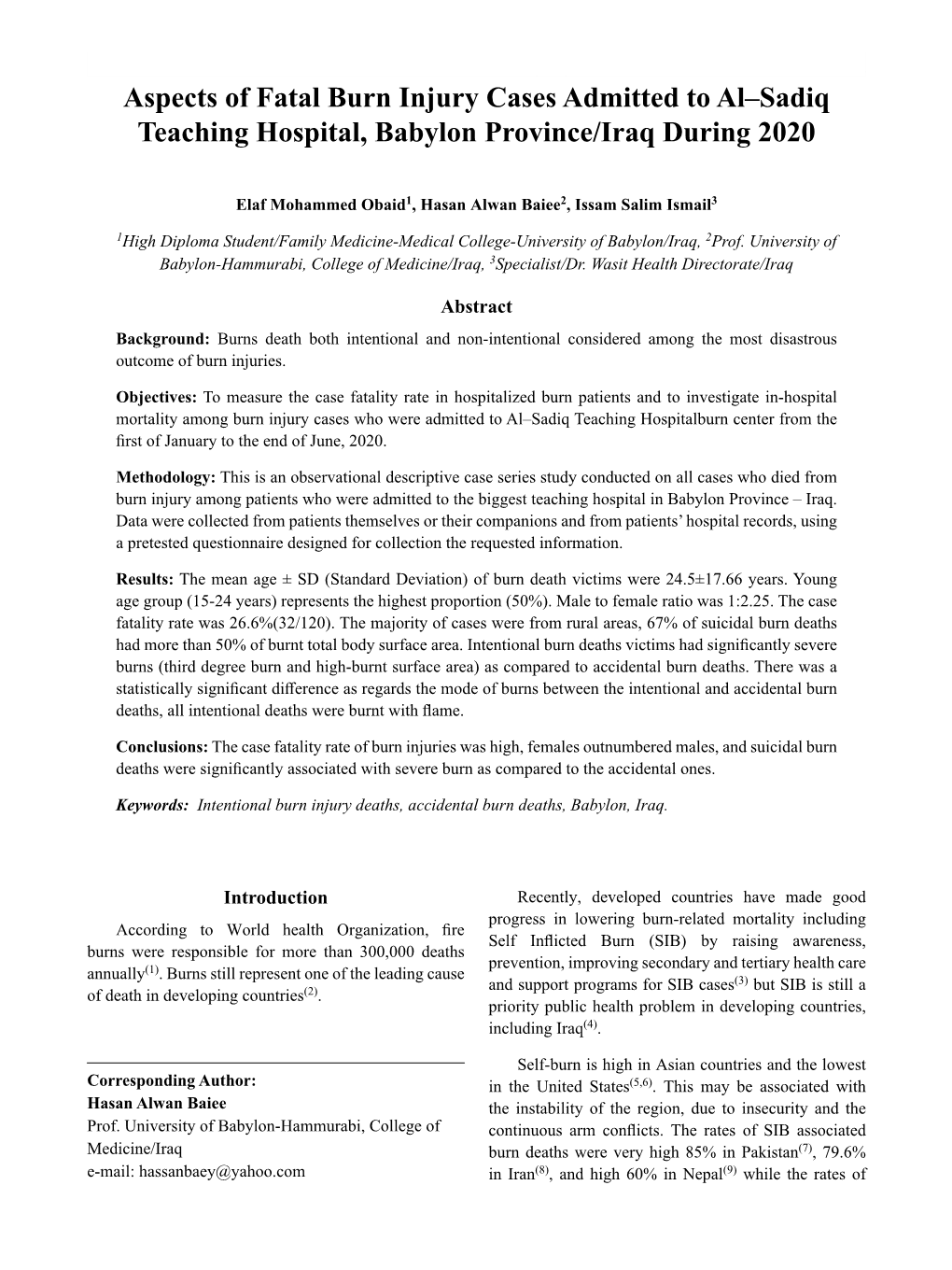 Aspects of Fatal Burn Injury Cases Admitted to Al–Sadiq Teaching Hospital, Babylon Province/Iraq During 2020