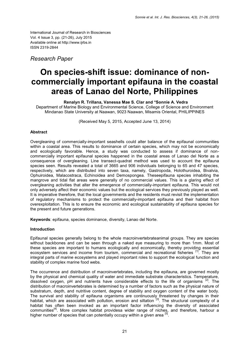 On Species-Shift Issue: Dominance of Non- Commercially Important Epifauna in the Coastal Areas of Lanao Del Norte, Philippines