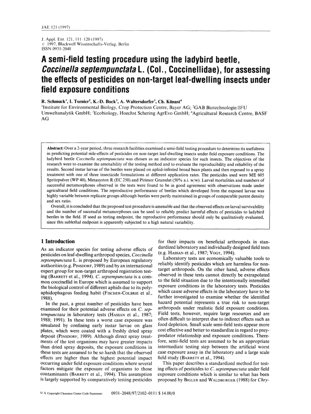 A Semi-Field Testing Procedure Using the Ladybird Beetle, Coccinella