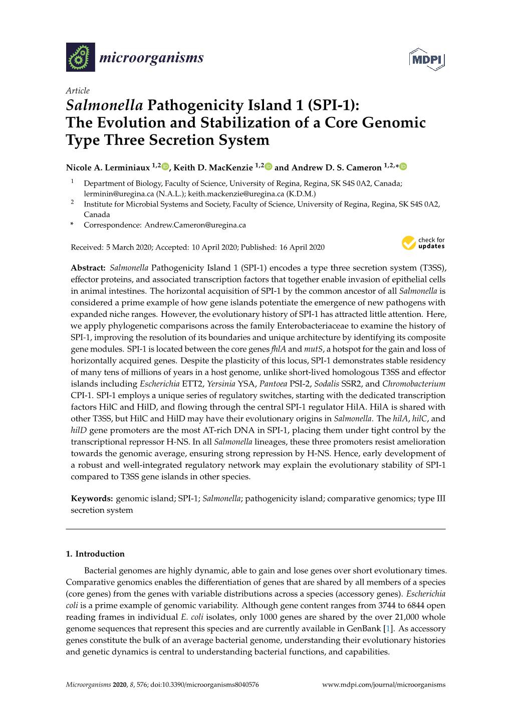 Salmonella Pathogenicity Island 1 (SPI-1): the Evolution and Stabilization of a Core Genomic Type Three Secretion System
