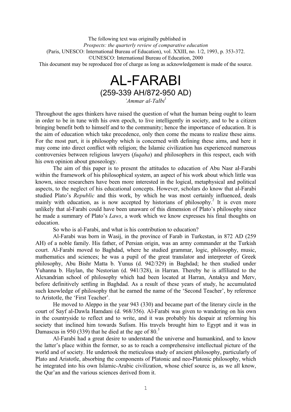 AL-FARABI (259-339 AH/872-950 AD) ’Ammar Al-Talbi1
