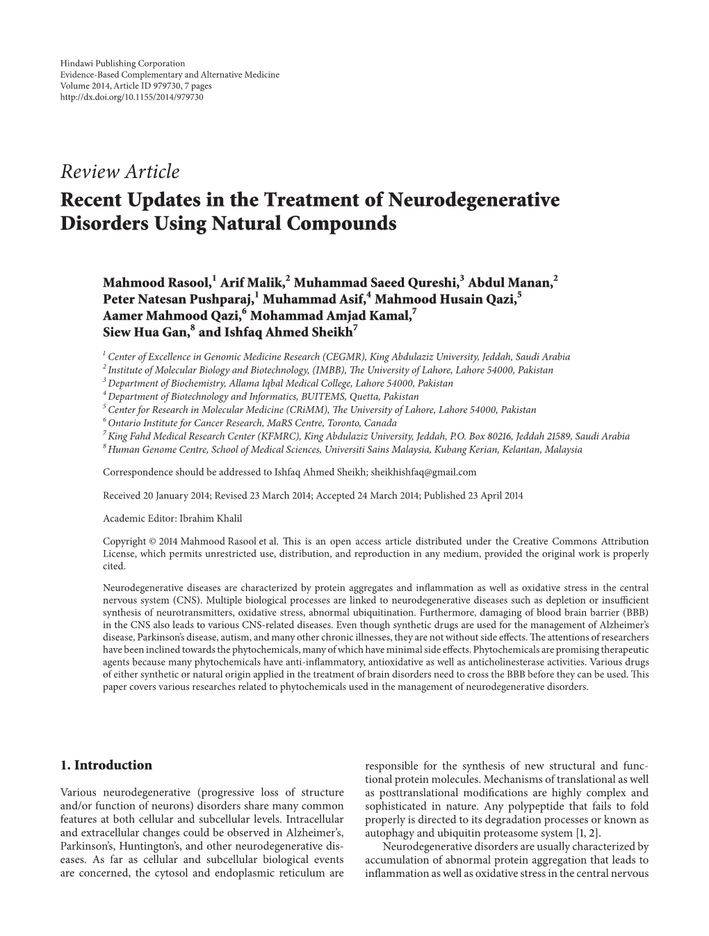 Review Article Recent Updates in the Treatment of Neurodegenerative Disorders Using Natural Compounds