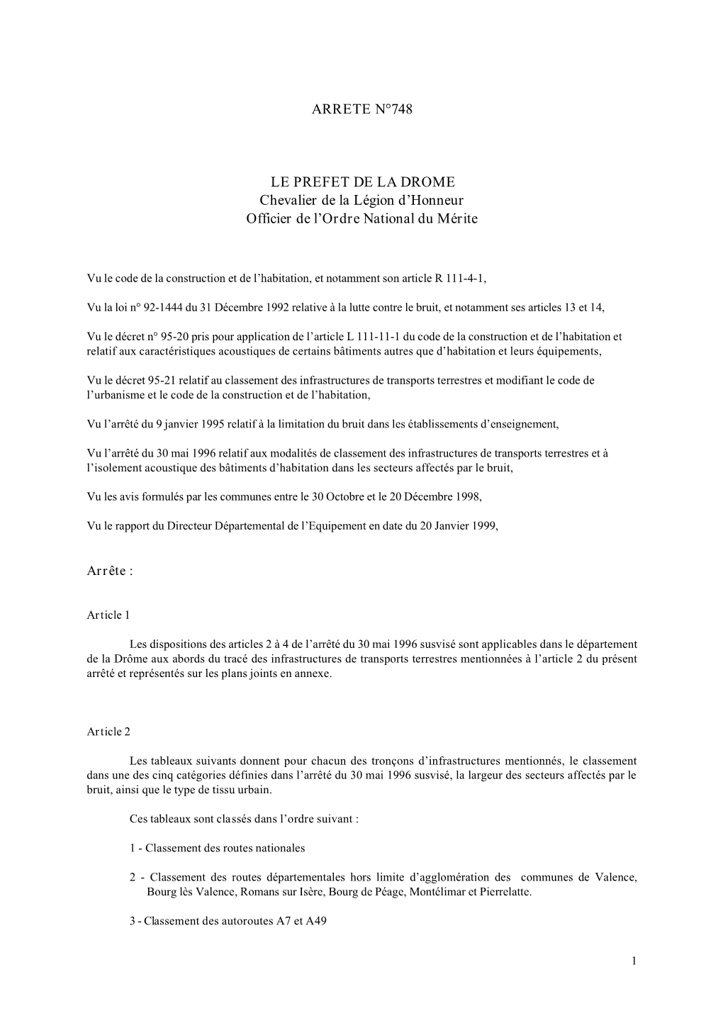 ARRETE N°748 LE PREFET DE LA DROME Chevalier De La Légion D
