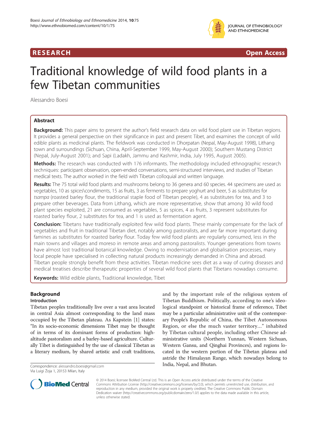 Traditional Knowledge of Wild Food Plants in a Few Tibetan Communities Alessandro Boesi