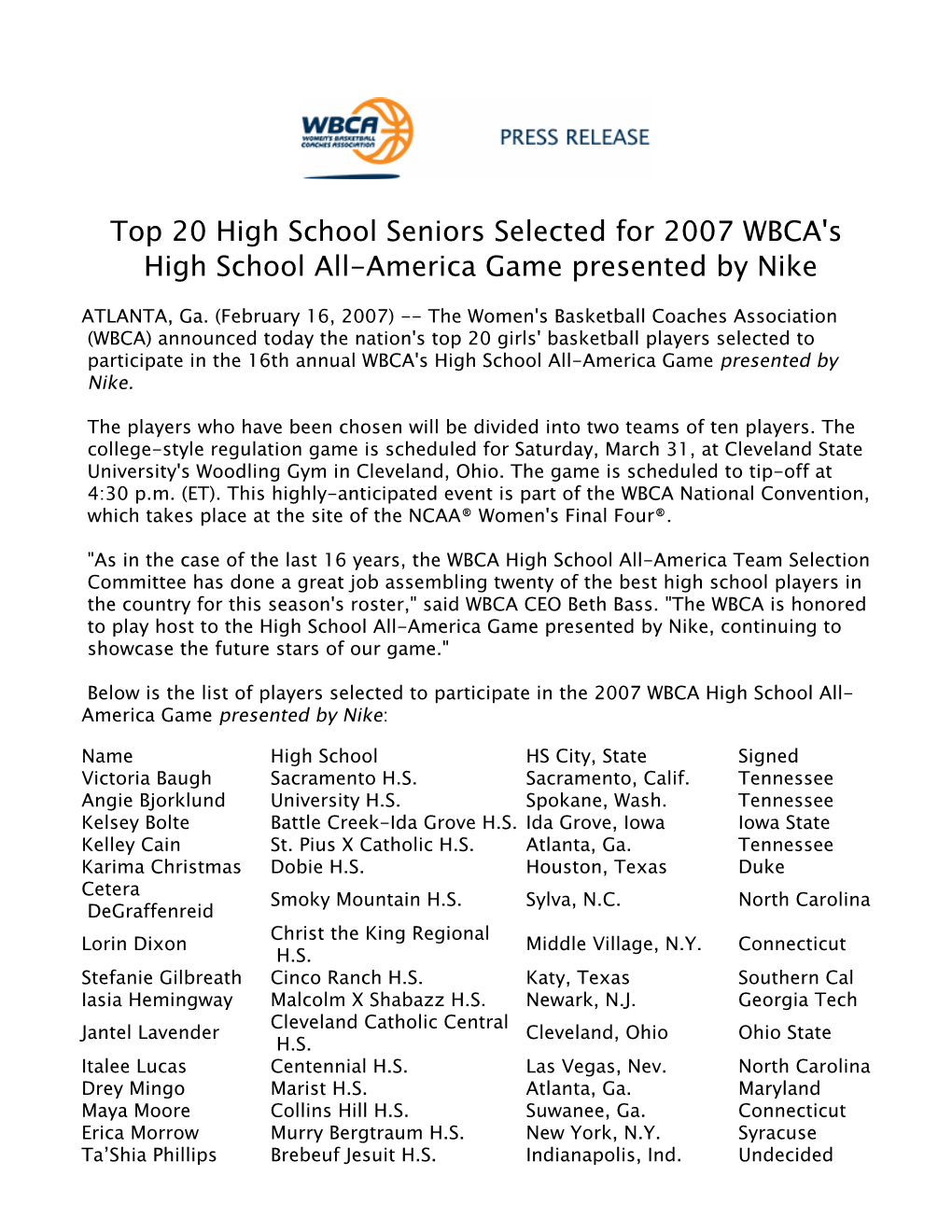 Top 20 High School Seniors Selected for 2007 WBCA's High School All-America Game Presented by Nike