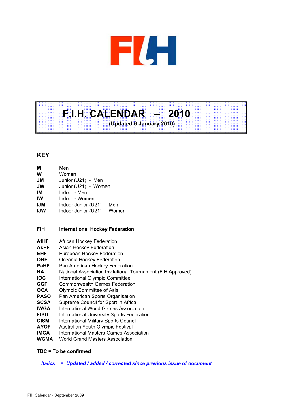 FIH Calendar September 2009V2