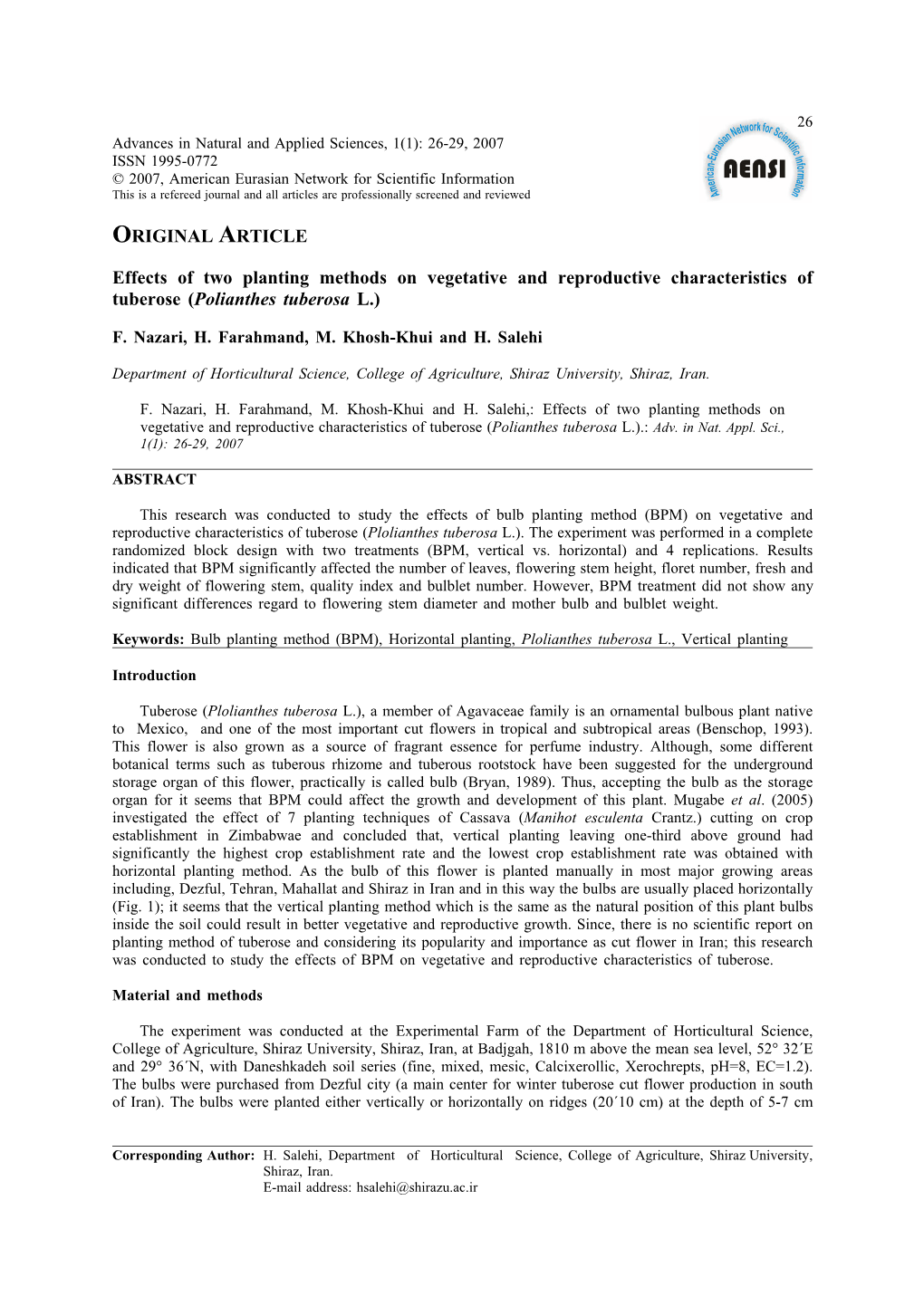 The Effect of Tow Planting Method on Vegetative on Reproductive