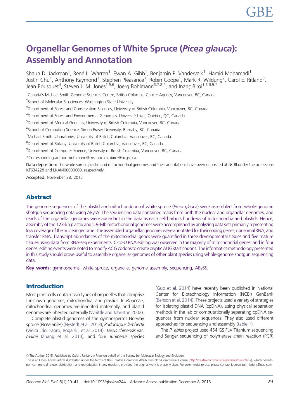 Organellar Genomes of White Spruce (Picea Glauca): Assembly and Annotation