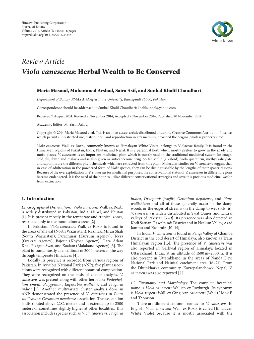 Review Article Viola Canescens: Herbal Wealth to Be Conserved