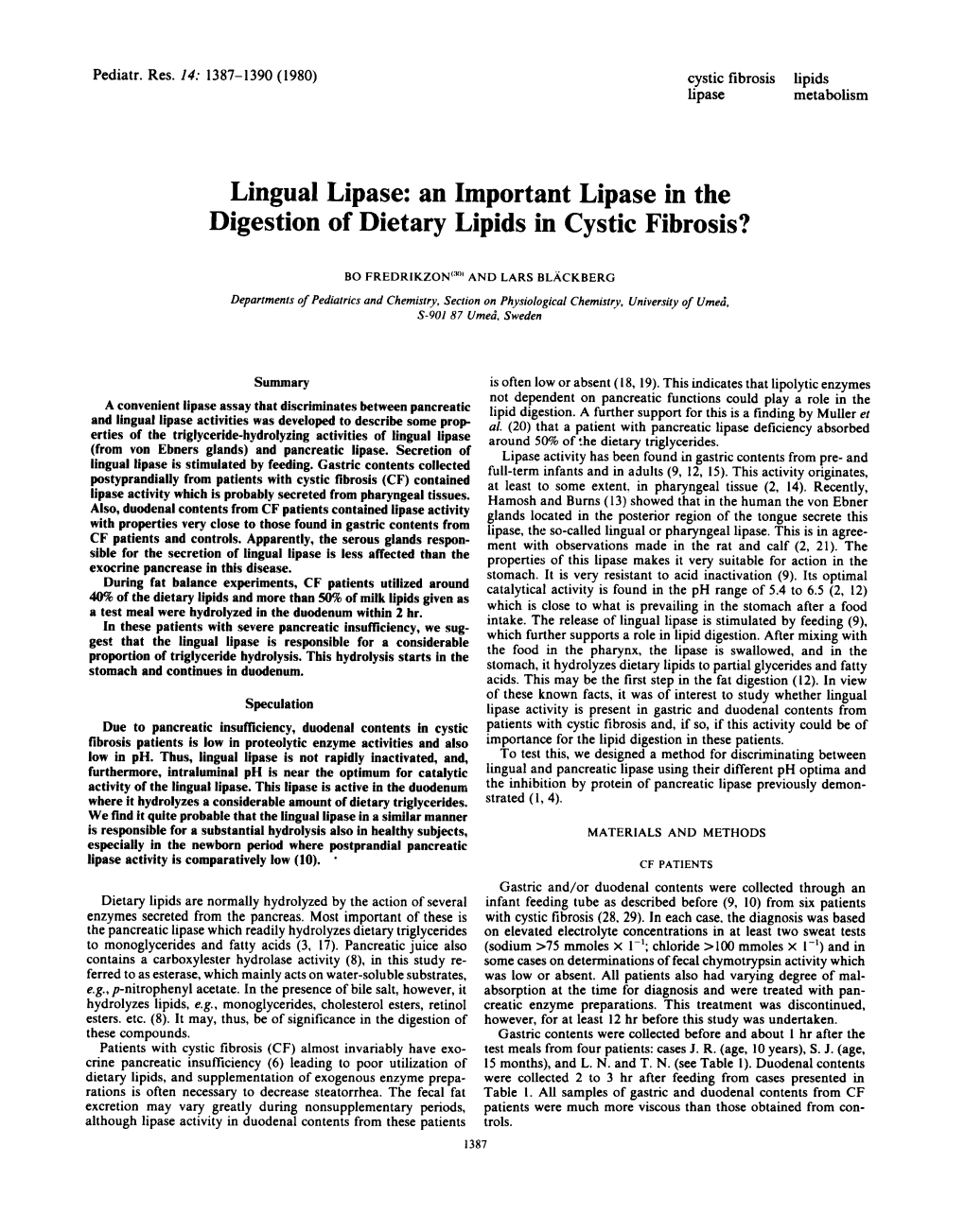 Lingual Lipase: an Important Lipase in the Digestion of Dietary Lipids in Cystic Fibrosis?