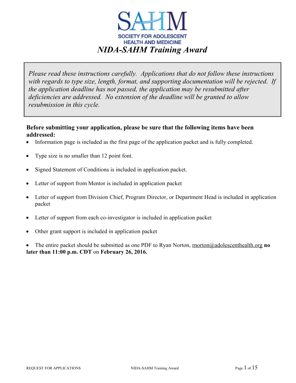 NIDA-SAHM Training Award