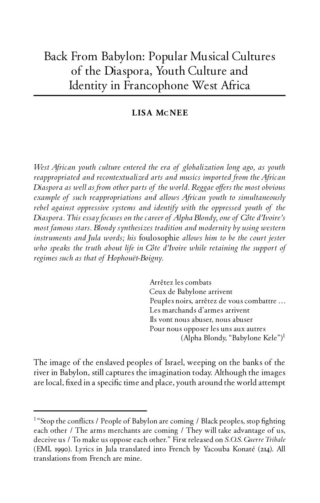 Popular Musical Cultures of the Diaspora, Youth Culture and Identity in Francophone West Africa