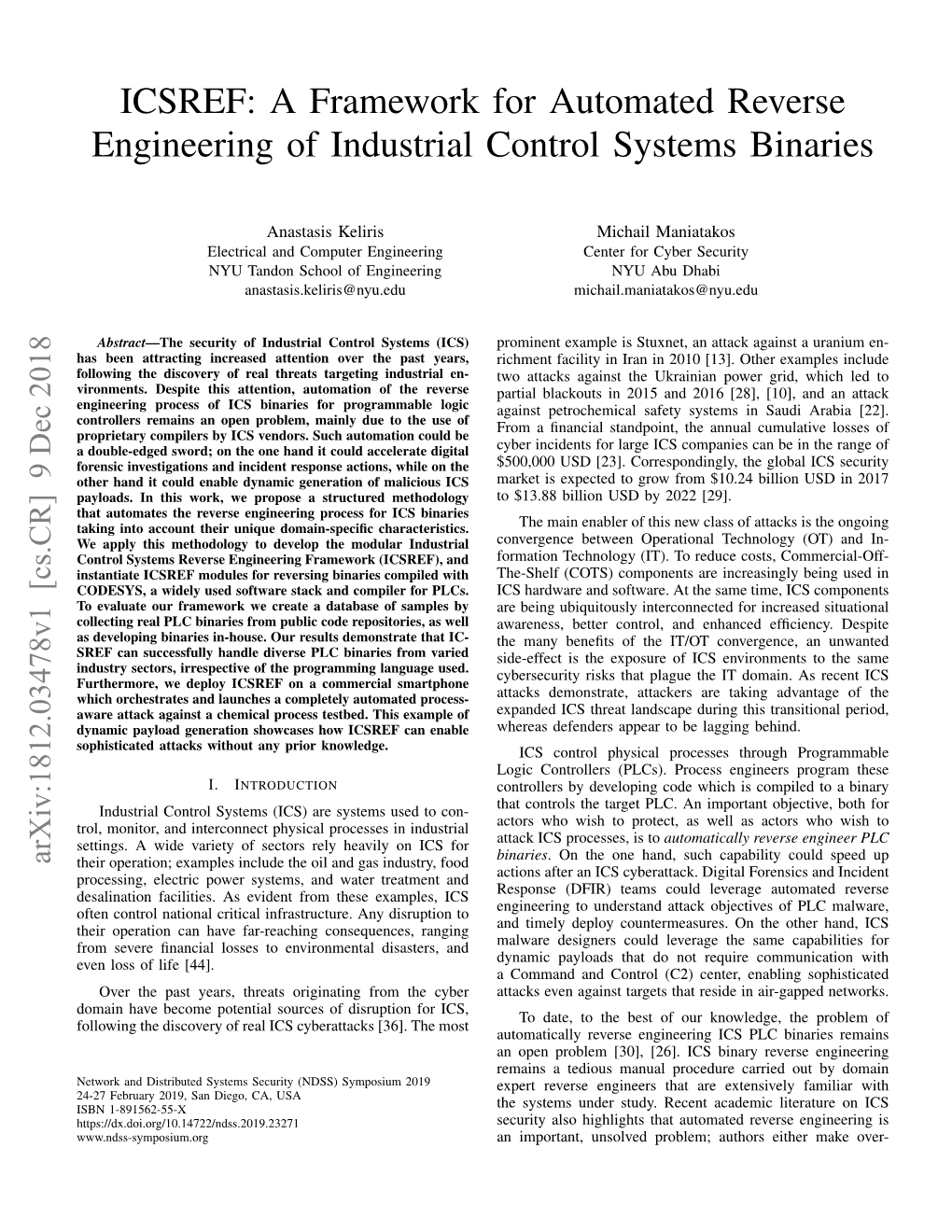 ICSREF: a Framework for Automated Reverse Engineering of Industrial Control Systems Binaries