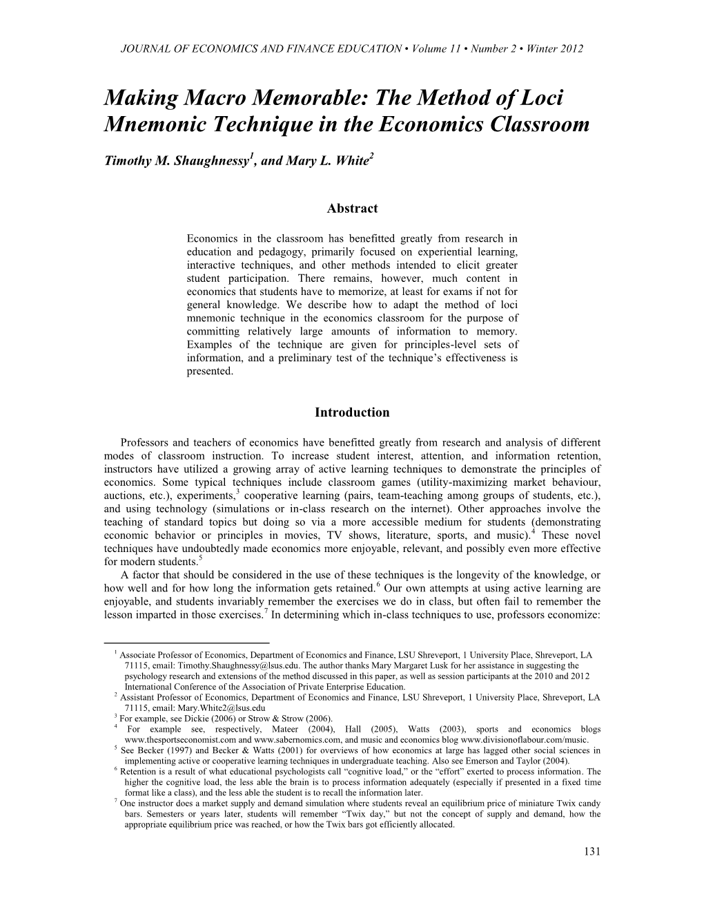 Making Macro Memorable: the Method of Loci Mnemonic Technique in the Economics Classroom