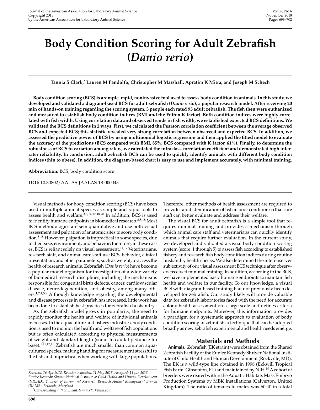 Body Condition Scoring for Adult Zebrafish (&lt;I&gt;Danio Rerio&lt;/I&gt;)