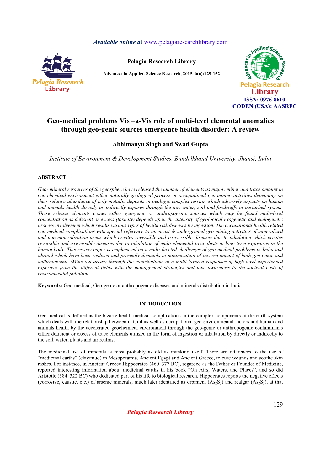 A-Vis Role of Multi-Level Elemental Anomalies Through Geo-Genic Sources Emergence Health Disorder: a Review