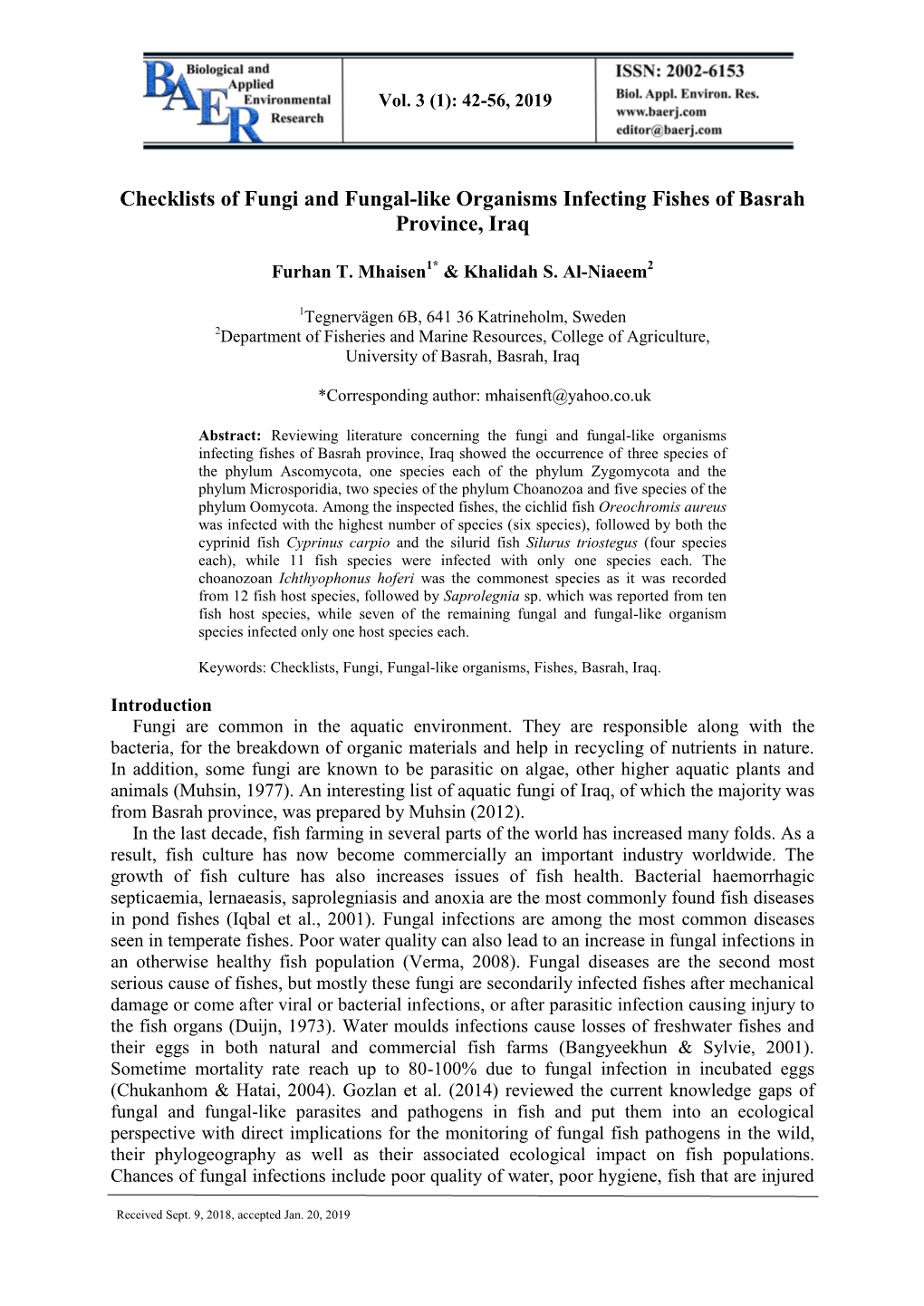 Checklists of Fungi and Fungal-Like Organisms Infecting Fishes of Basrah Province, Iraq