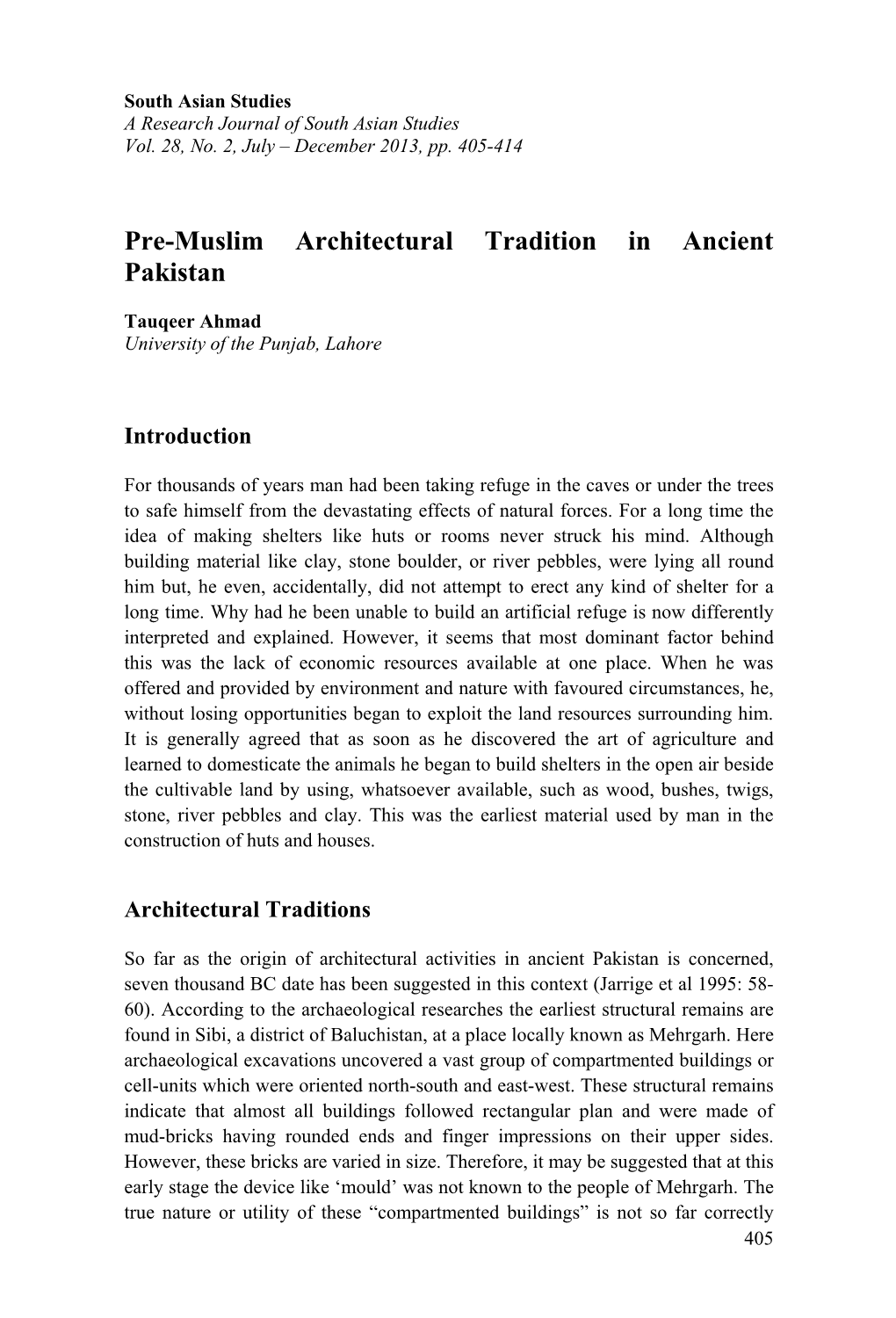 Pre-Muslim Architectural Tradition in Ancient Pakistan