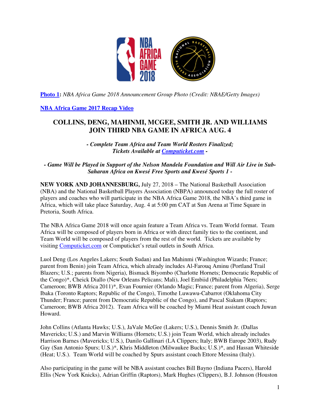 Collins Participating in NBA Africa Game