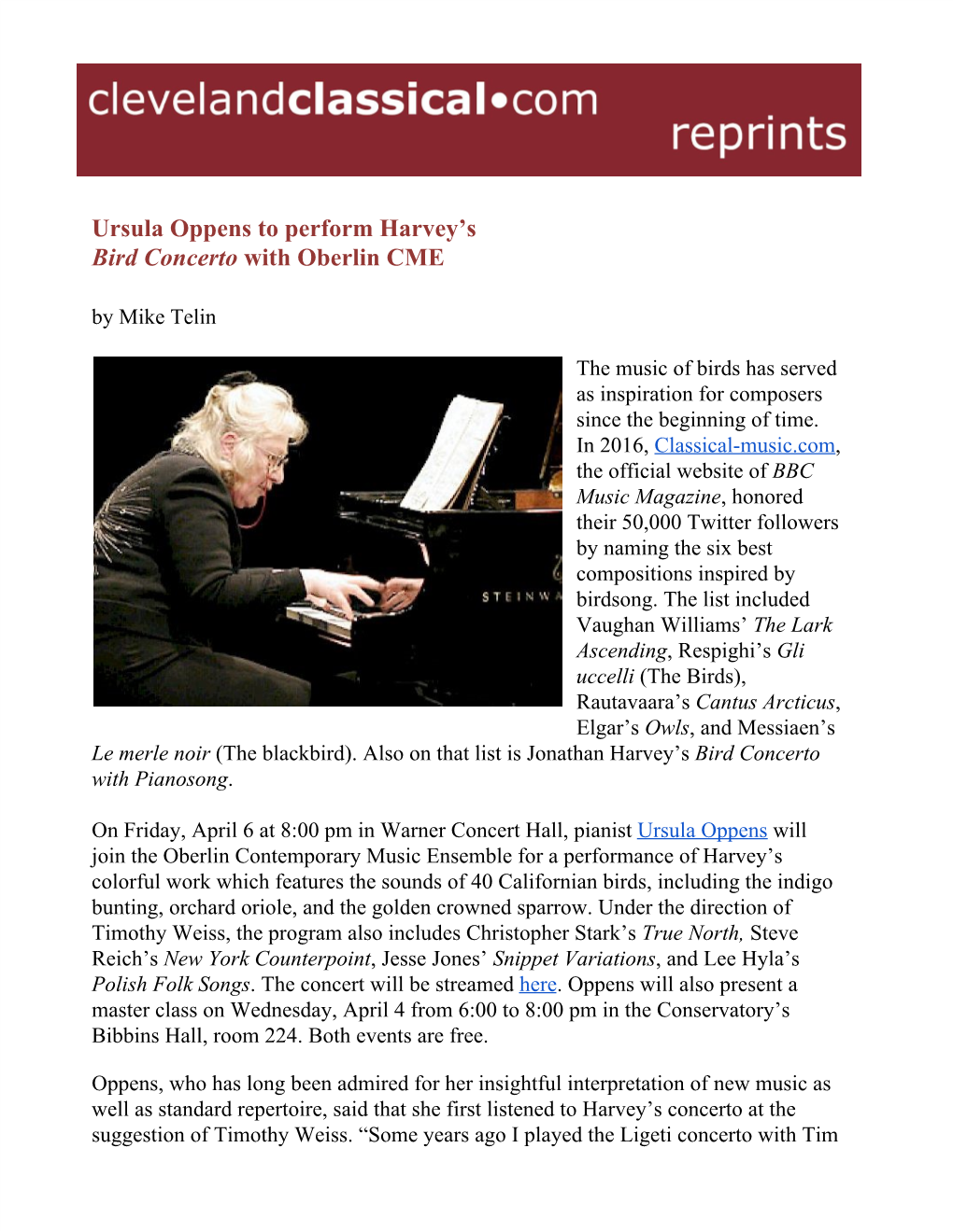 Ursula Oppens to Perform Harvey's Bird Concerto ​With Oberlin