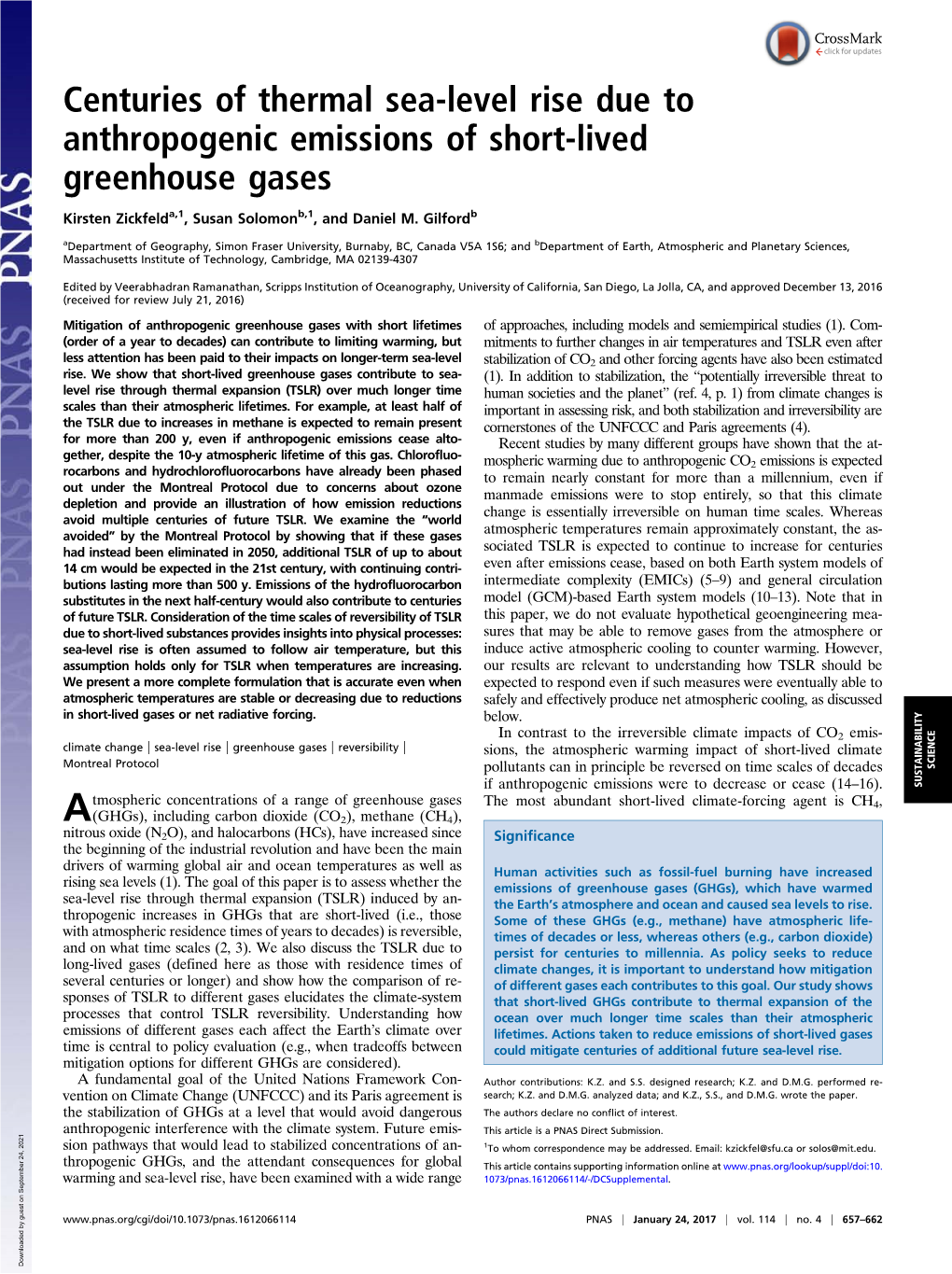 Centuries of Thermal Sea-Level Rise Due to Anthropogenic Emissions of Short-Lived Greenhouse Gases