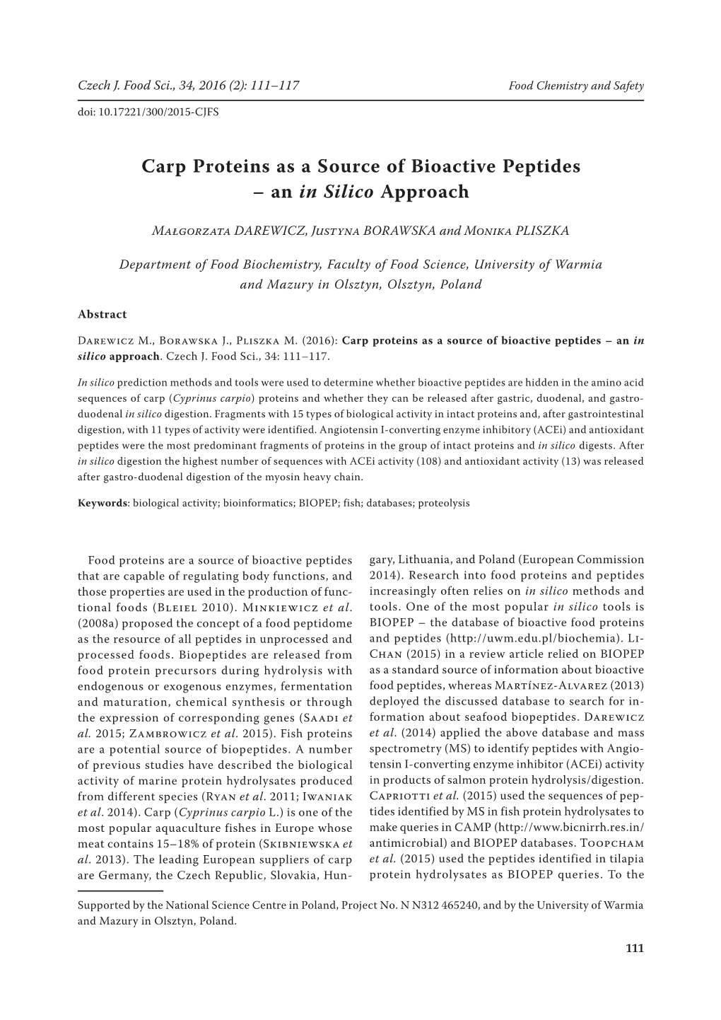 Carp Proteins As a Source of Bioactive Peptides – an in Silico Approach