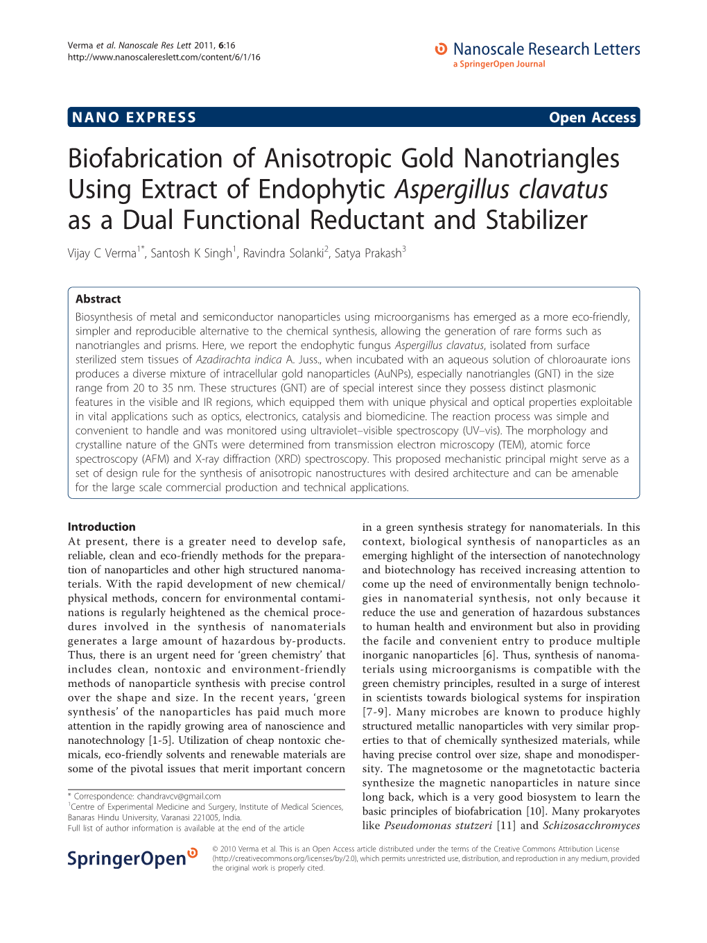 Aspergillus Clavatus As a Dual Functional Reductant and Stabilizer Vijay C Verma1*, Santosh K Singh1, Ravindra Solanki2, Satya Prakash3