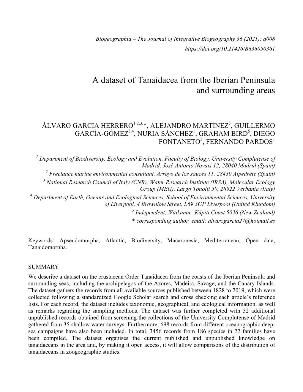 A Dataset of Tanaidacea from the Iberian Peninsula and Surrounding Areas