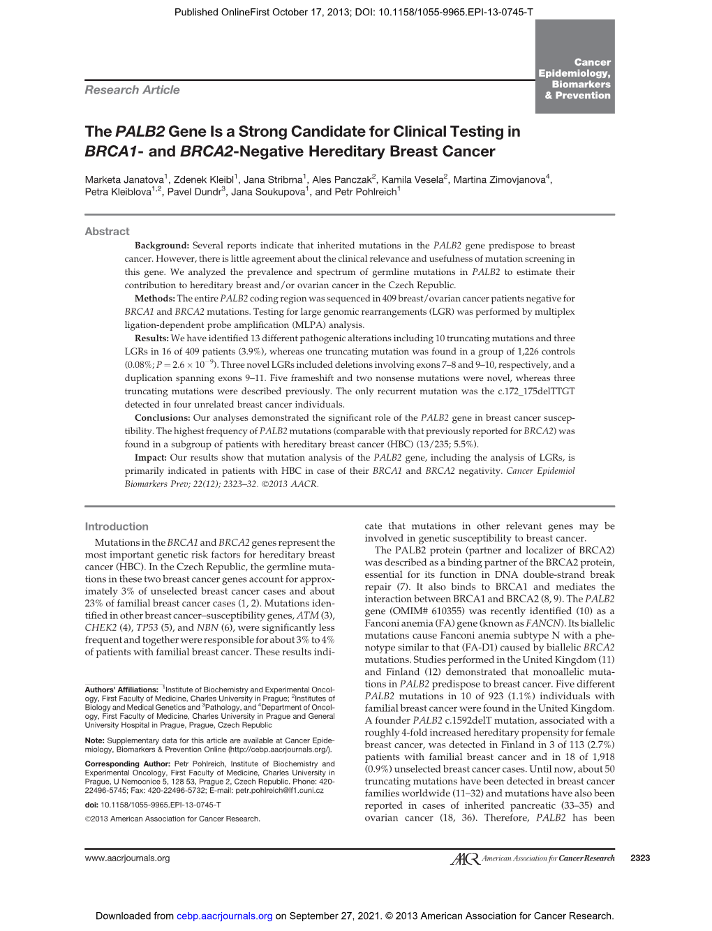 The PALB2 Gene Is a Strong Candidate for Clinical Testing in BRCA1- and BRCA2-Negative Hereditary Breast Cancer