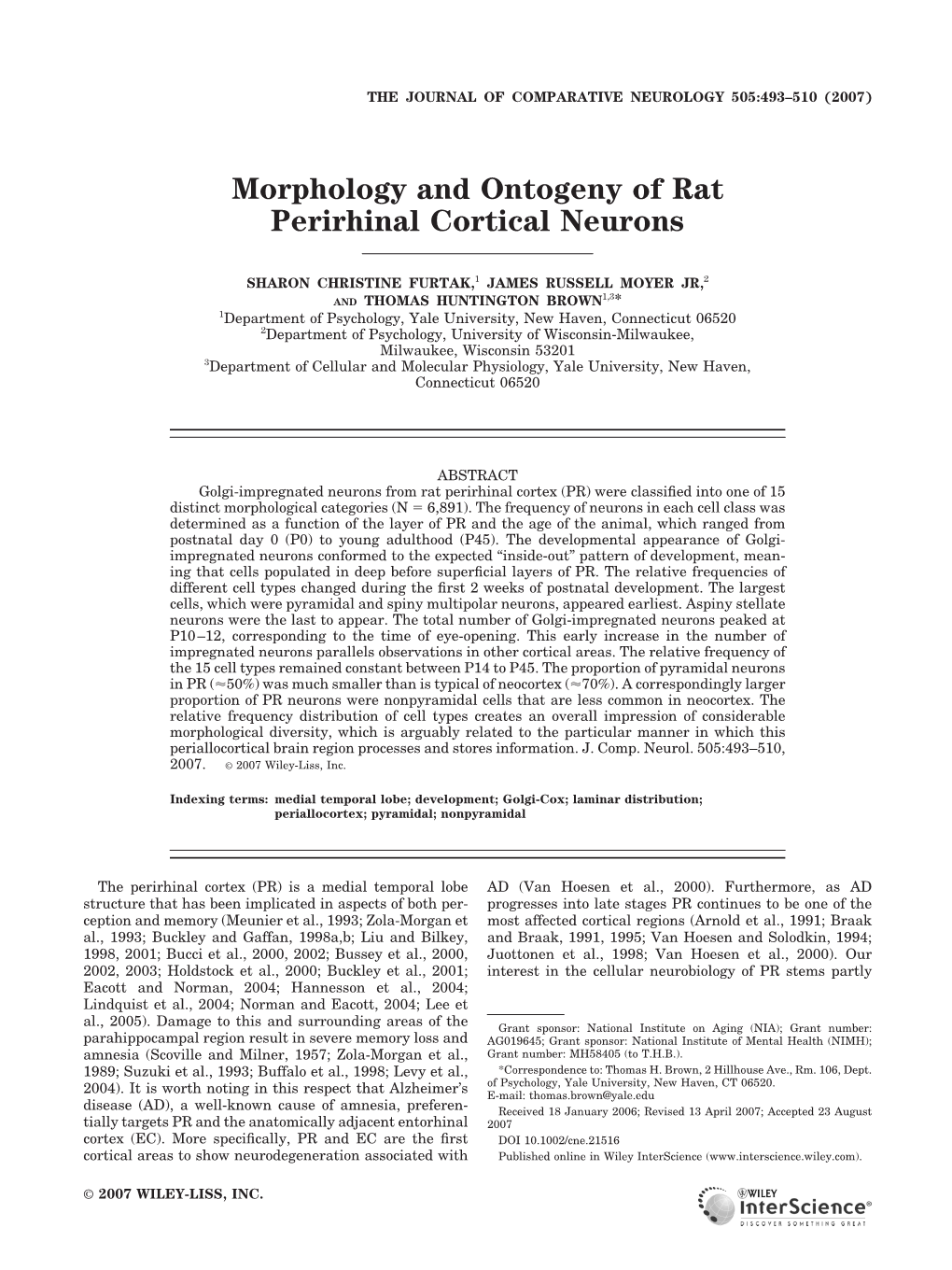 Morphology and Ontogeny of Rat Perirhinal Cortical Neurons