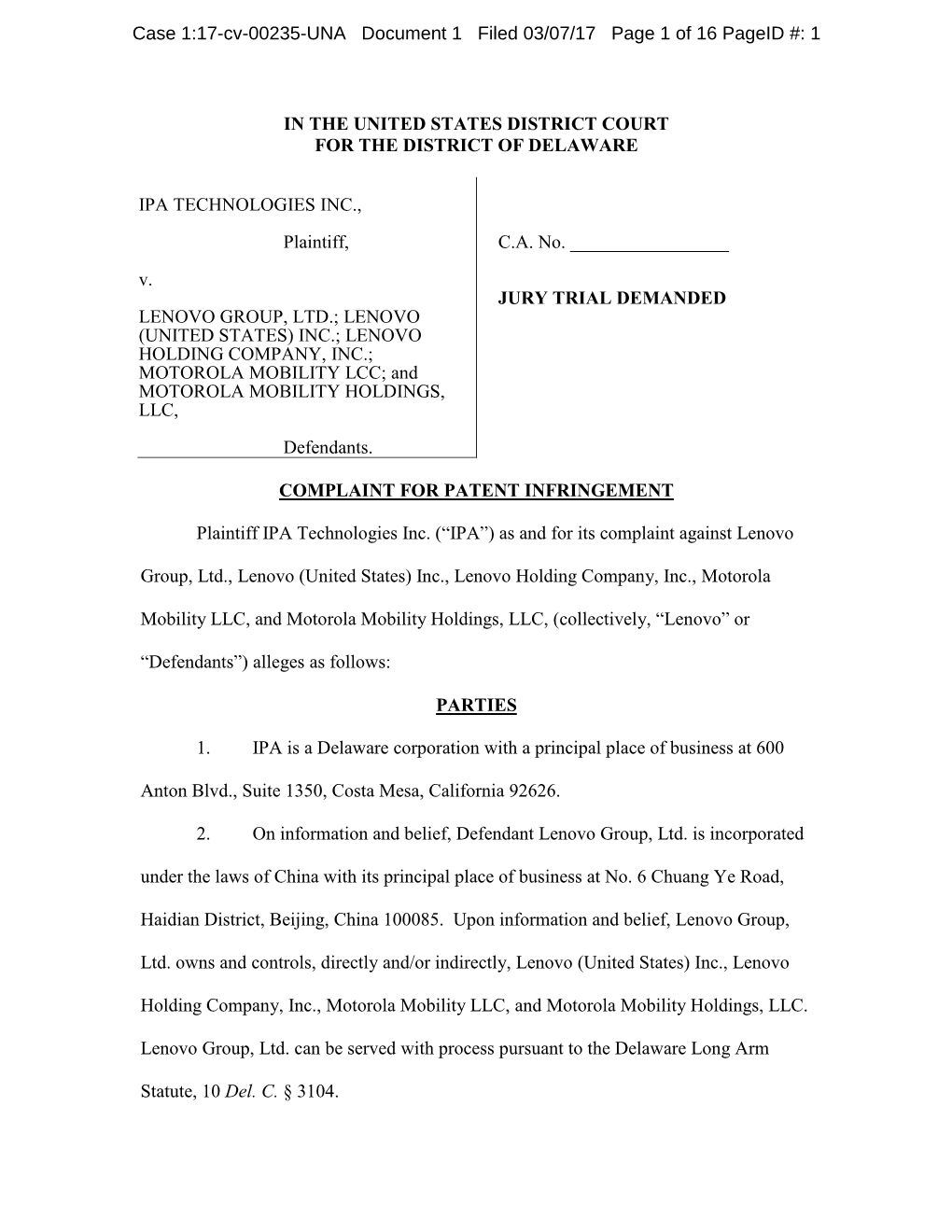 IN the UNITED STATES DISTRICT COURT for the DISTRICT of DELAWARE IPA TECHNOLOGIES INC., Plaintiff, V. LENOVO GROUP, LTD