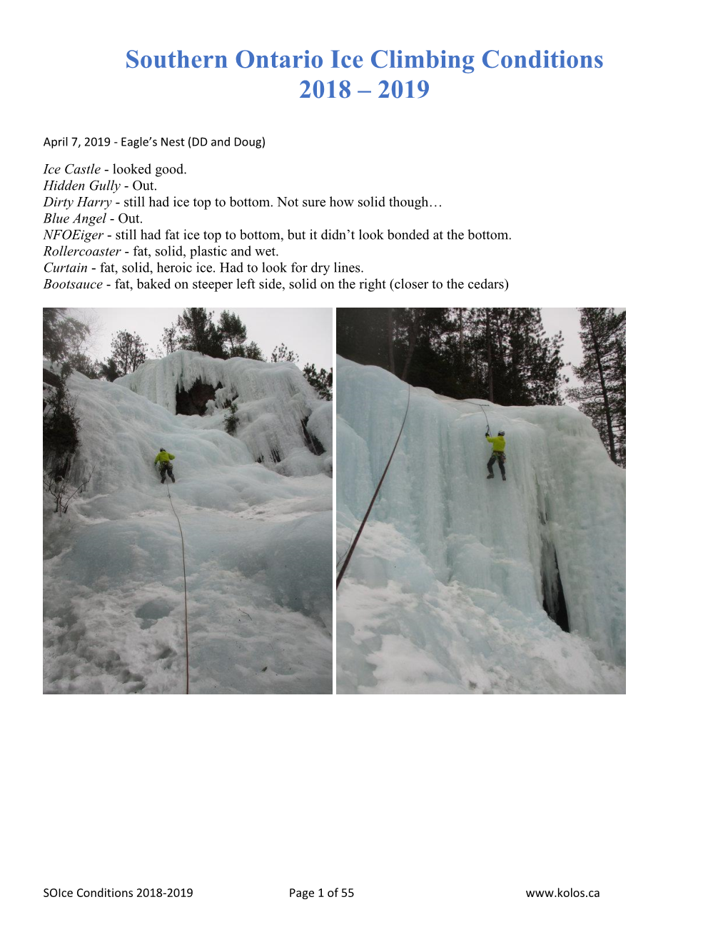 Southern Ontario Ice Climbing Conditions 2018 – 2019